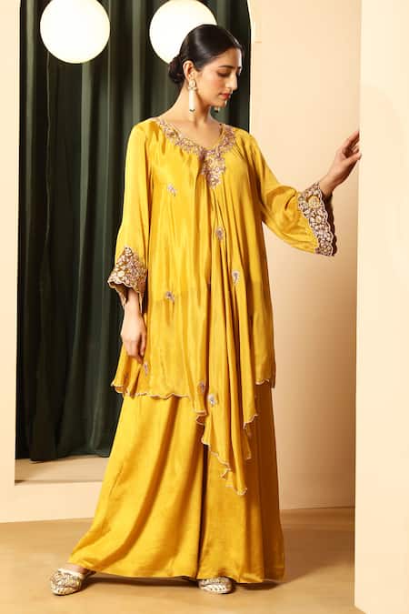 House Of Supriya Mustard Embroidery V-neck High Low Kurta With Palazzo 
