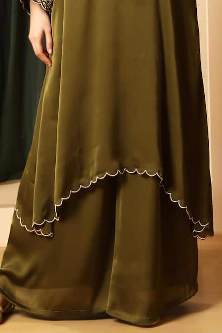 House Of Supriya_Olive Green Chiffon, Satin Embroidery, Metallic Thread V-neck Kurta With Palazzo _Online_at_Aza_Fashions