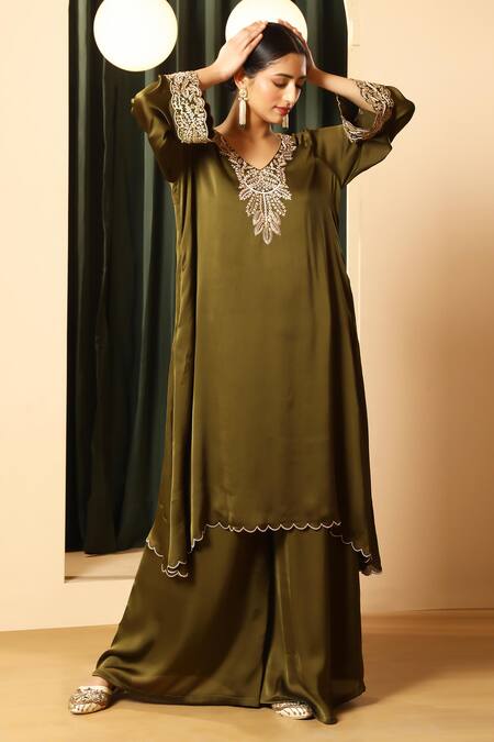 Buy_House Of Supriya_Olive Green Chiffon, Satin Embroidery, Metallic Thread V-neck Kurta With Palazzo _Online_at_Aza_Fashions