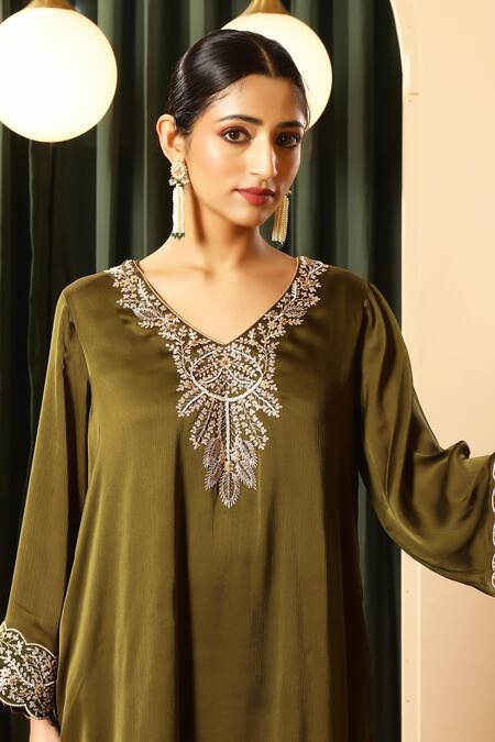 Shop_House Of Supriya_Olive Green Chiffon, Satin Embroidery, Metallic Thread V-neck Kurta With Palazzo _Online_at_Aza_Fashions