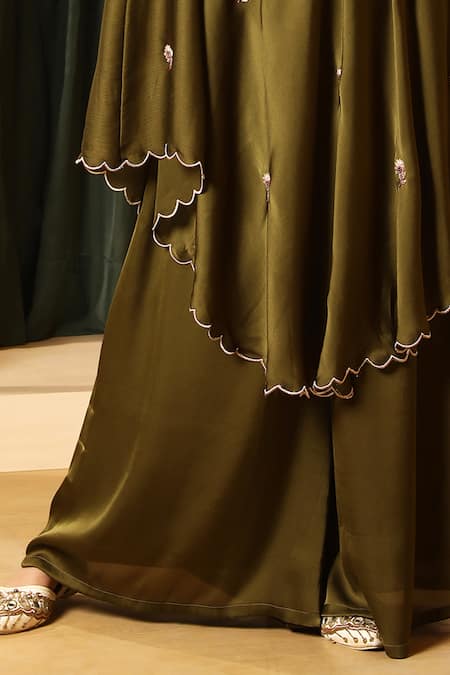 House Of Supriya_Olive Green Satin Embroidery V-neck Kurta With Palazzo _Online_at_Aza_Fashions