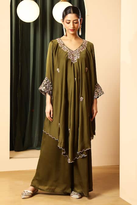 House Of Supriya Olive Green Satin Embroidery V-neck Kurta With Palazzo 