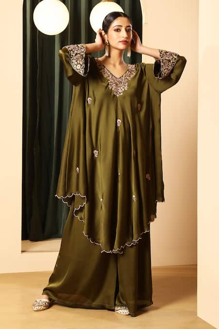 Buy_House Of Supriya_Olive Green Satin Embroidery V-neck Kurta With Palazzo _Online_at_Aza_Fashions