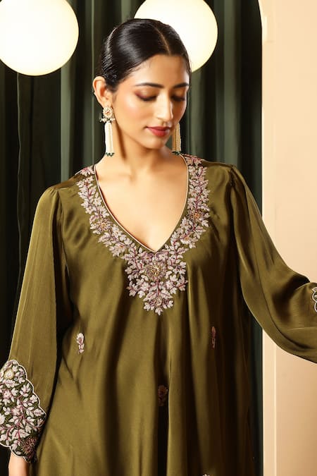 Shop_House Of Supriya_Olive Green Satin Embroidery V-neck Kurta With Palazzo _Online_at_Aza_Fashions