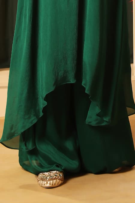 House Of Supriya_Emerald Green Chiffon, Satin Embroidery, Metallic Thread, Kurta With Palazzo _Online_at_Aza_Fashions