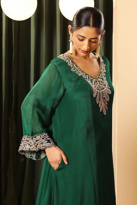 Buy_House Of Supriya_Emerald Green Chiffon, Satin Embroidery, Metallic Thread, Kurta With Palazzo _Online_at_Aza_Fashions