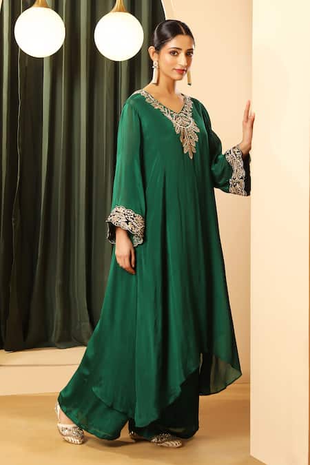 Shop_House Of Supriya_Emerald Green Chiffon, Satin Embroidery, Metallic Thread, Kurta With Palazzo _Online_at_Aza_Fashions