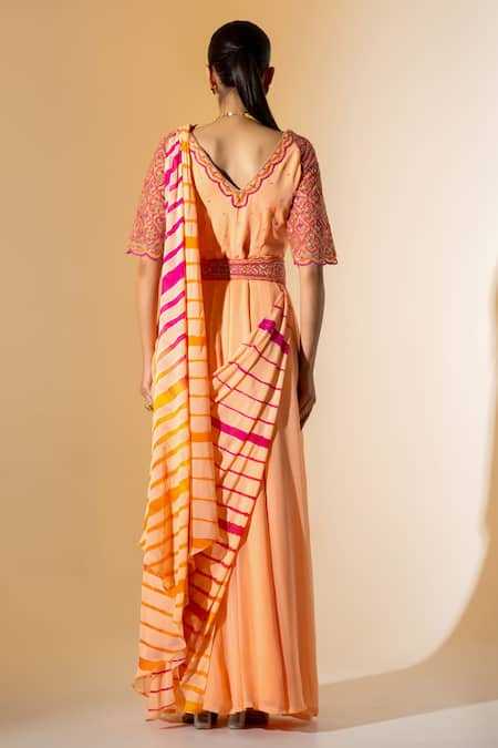 K-Anshika Leheriya Pattern Pre-Draped Saree With Belt 
