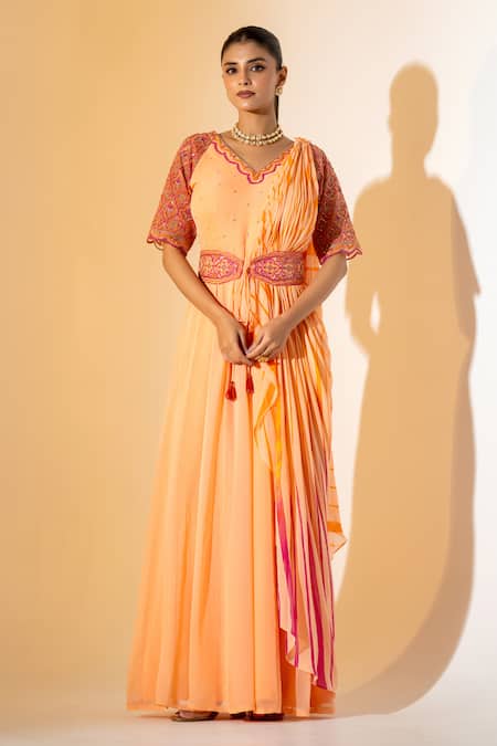 K-Anshika Peach Georgette Embroidery, Beads, Leheriya Pattern Pre-draped Saree With Belt