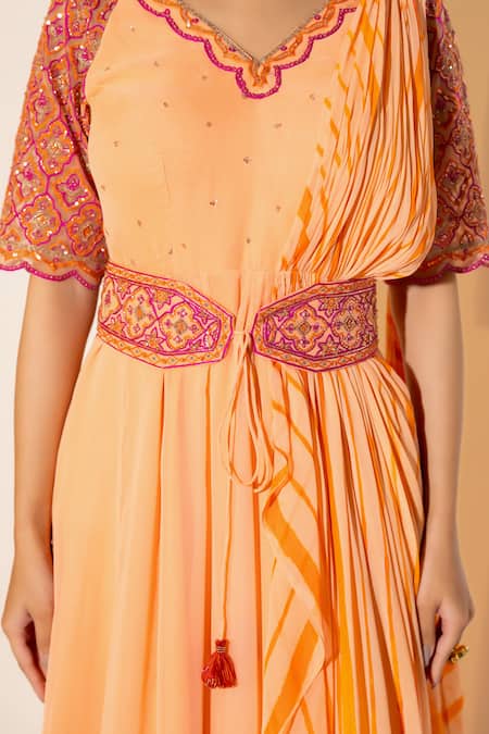 K-Anshika_Peach Georgette Embroidery, Beads, Leheriya Pattern Pre-draped Saree With Belt _Online_at_Aza_Fashions