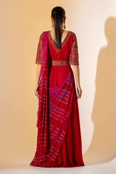 Shop K-Anshika Red Georgette Embroidery, Tassels Floral Pattern Pre-draped Saree With Belt at Aza Fashions Shop_K-Anshika_Red Georgette Embroidery, Tassels Floral Pattern Pre-draped Saree With Belt _at_Aza_Fashions