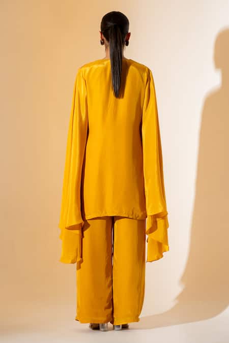 Shop K-Anshika Mustard Crepe Embroidery V-neck Asymmetric Tunic With Pant at Aza Fashions Shop_K-Anshika_Mustard Crepe Embroidery V-neck Asymmetric Tunic With Pant _at_Aza_Fashions