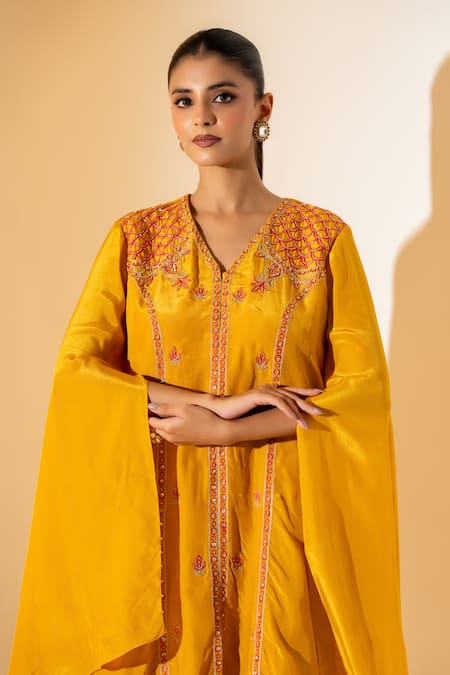 K-Anshika Mustard Crepe Embroidery V-neck Asymmetric Tunic With Pant Online at Aza Fashions K-Anshika_Mustard Crepe Embroidery V-neck Asymmetric Tunic With Pant _Online_at_Aza_Fashions