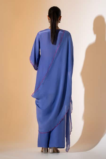 Shop K-Anshika Blue Crepe, Organza Embroidery V-neck Floral Pattern Kurta Set at Aza Fashions Shop_K-Anshika_Blue Crepe, Organza Embroidery V-neck Floral Pattern Kurta Set _at_Aza_Fashions