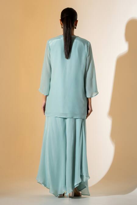 Shop K-Anshika Sky Blue Crepe, Organza Embroidery Split V-neck Kurta Set at Aza Fashions Shop_K-Anshika_Sky Blue Crepe, Organza Embroidery Split V-neck Kurta Set _at_Aza_Fashions