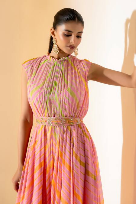 K-Anshika_Pink Georgette Beads, Stones, Sequins High Neck Leheriya Pattern Dress _Online_at_Aza_Fashions