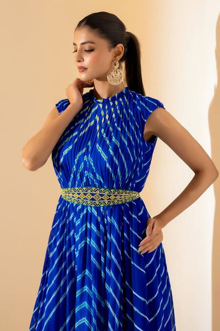 K-Anshika Blue Georgette Embroidery High Neck Leheriya Pattern Dress Online at Aza Fashions K-Anshika_Blue Georgette Embroidery High Neck Leheriya Pattern Dress _Online_at_Aza_Fashions