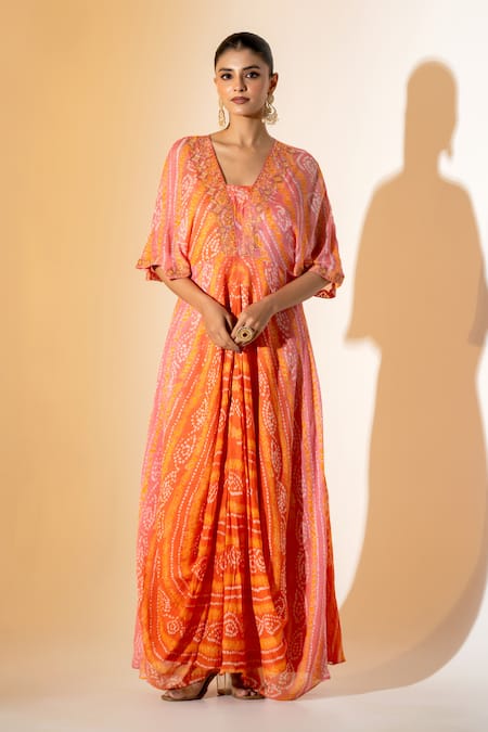K-Anshika Orange Georgette Beads, Embroidery V-neck Bandhani Pattern Dress