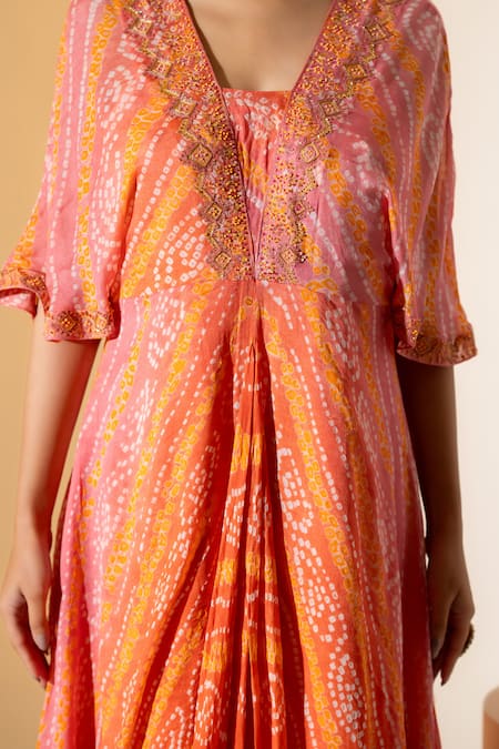 K-Anshika_Orange Georgette Beads, Embroidery V-neck Bandhani Pattern Dress _Online_at_Aza_Fashions