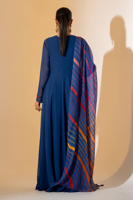 Shop K-Anshika Blue Georgette Round Neck Anarkali With Chevron Dupatta at Aza Fashions Shop_K-Anshika_Blue Georgette Round Neck Anarkali With Chevron Dupatta _at_Aza_Fashions