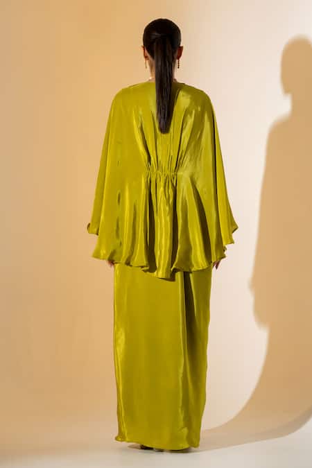 Shop K-Anshika Olive Green Crepe Embroidery V-neck Tunic With Skirt at Aza Fashions Shop_K-Anshika_Olive Green Crepe Embroidery V-neck Tunic With Skirt _at_Aza_Fashions