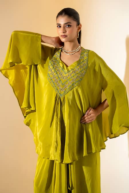 K-Anshika Olive Green Crepe Embroidery V-neck Tunic With Skirt Online at Aza Fashions K-Anshika_Olive Green Crepe Embroidery V-neck Tunic With Skirt _Online_at_Aza_Fashions