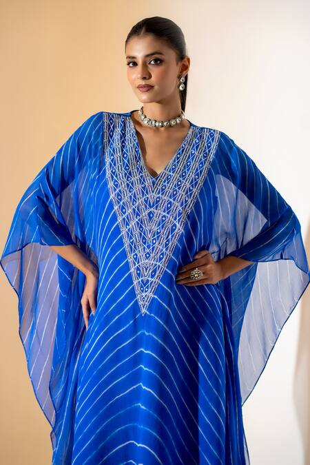 K-Anshika_Blue Georgette Embroidery V-neck Leheriya Kaftan Set _Online_at_Aza_Fashions