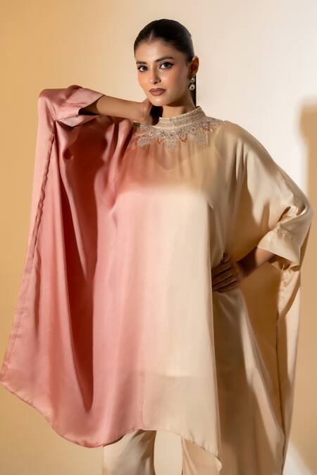 K-Anshika_Pink Satin Beads Round Neck Ombre Kaftan And Pant Set _Online_at_Aza_Fashions