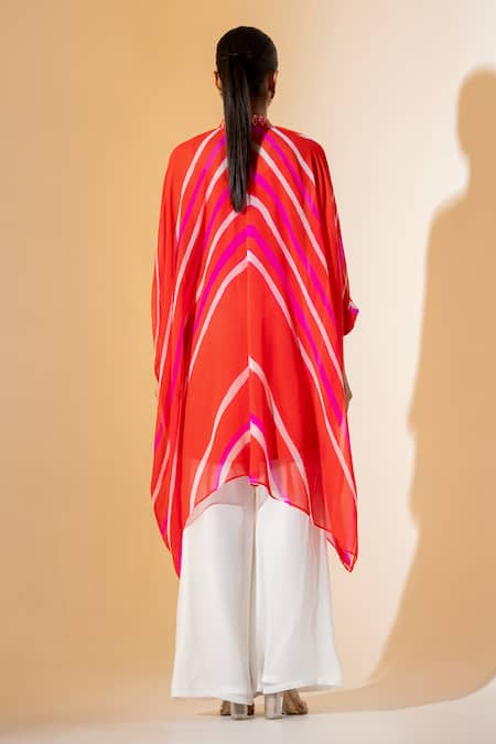 Shop K-Anshika Orange Georgette Beads, Embroidery High Neck Leheriya Pattern Kaftan Pant Set at Aza Fashions Shop_K-Anshika_Orange Georgette Beads, Embroidery High Neck Leheriya Pattern Kaftan Pant Set _at_Aza_Fashions