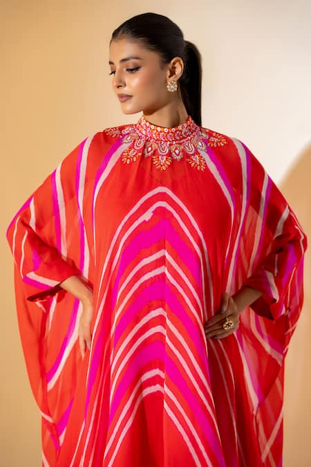 K-Anshika Orange Georgette Beads, Embroidery High Neck Leheriya Pattern Kaftan Pant Set Online at Aza Fashions K-Anshika_Orange Georgette Beads, Embroidery High Neck Leheriya Pattern Kaftan Pant Set _Online_at_Aza_Fashions