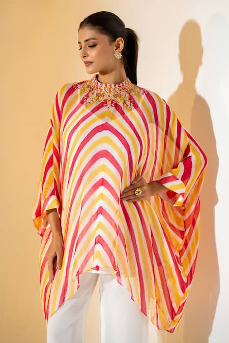 K-Anshika Mustard Georgette Embroidery, Zari Round Neck Leheriya Pattern Kaftan Pant Set Online at Aza Fashions K-Anshika_Mustard Georgette Embroidery, Zari Round Neck Leheriya Pattern Kaftan Pant Set _Online_at_Aza_Fashions