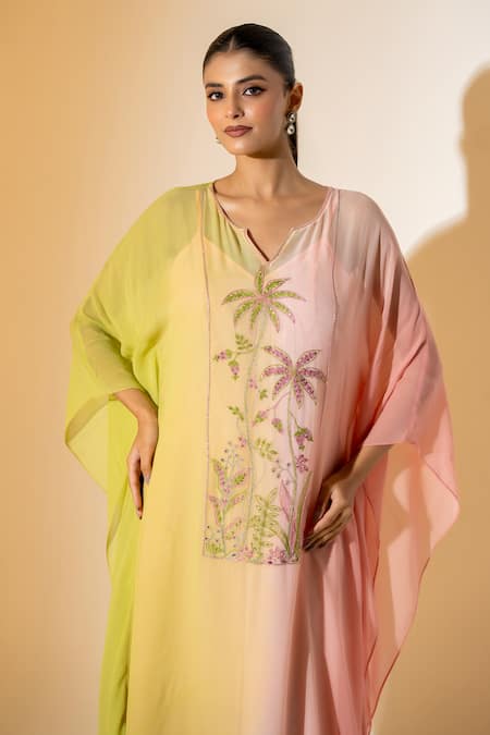 K-Anshika Lime Georgette Embroidery, Beads, Sequins V-neck Ombre Sunset Kaftan And Pant Set Online at Aza Fashions K-Anshika_Lime Georgette Embroidery, Beads, Sequins V-neck Ombre Sunset Kaftan And Pant Set _Online_at_Aza_Fashions