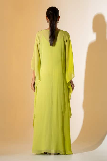 Shop K-Anshika Lime Georgette Beads, Embroidery V-neck Green Ombre Kaftan With Pant at Aza Fashions Shop_K-Anshika_Lime Georgette Beads, Embroidery V-neck Green Ombre Kaftan With Pant _at_Aza_Fashions