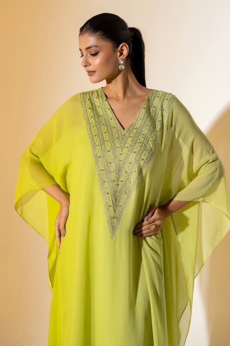K-Anshika Lime Georgette Beads, Embroidery V-neck Green Ombre Kaftan With Pant Online at Aza Fashions K-Anshika_Lime Georgette Beads, Embroidery V-neck Green Ombre Kaftan With Pant _Online_at_Aza_Fashions