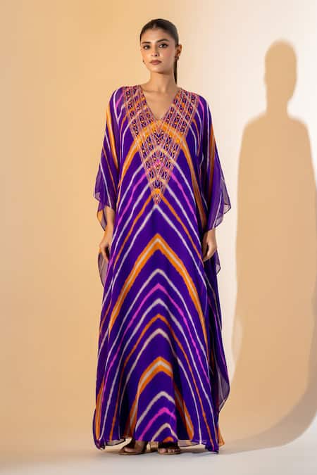 K-Anshika Multi Color Georgette Beads, Embroidery V-neck Leheriya Pattern Kaftan