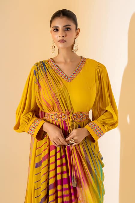K-Anshika_Mustard Georgette Embroidery, Tassels V-neck Draped Gown And Leheriya Dupatta Set _Online_at_Aza_Fashions
