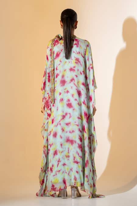 Shop K-Anshika Green Georgette Embroidery, Zari High Neck Tie-dye Kaftan at Aza Fashions Shop_K-Anshika_Green Georgette Embroidery, Zari High Neck Tie-dye Kaftan _at_Aza_Fashions