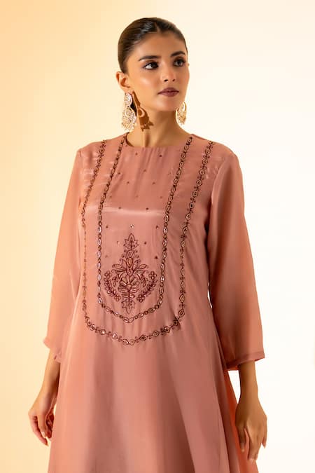 Buy K-Anshika Pink Crepe Embroidery, Beads Round Neck Kurta With Pant Online at Aza Fashions Buy_K-Anshika_Pink Crepe Embroidery, Beads Round Neck Kurta With Pant _Online_at_Aza_Fashions