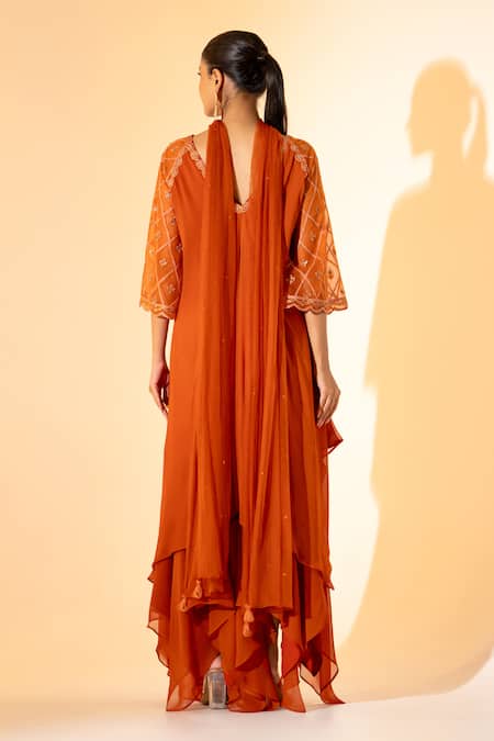 Shop K-Anshika Rust Georgette Embroidery, Zari, Beads V-neck Butti Work Kurta Sharara Set at Aza Fashions Shop_K-Anshika_Rust Georgette Embroidery, Zari, Beads V-neck Butti Work Kurta Sharara Set _at_Aza_Fashions