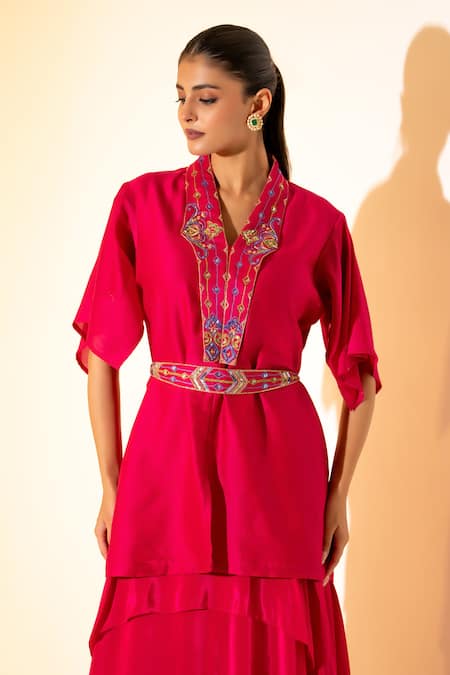 K-Anshika_Pink Chanderi, Crepe Embroidery, Tassels V-neck Top And Skirt Set _Online_at_Aza_Fashions