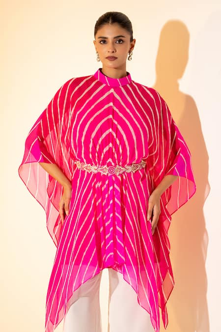 K-Anshika_Pink Georgette Stones, Beads, Metallic Thread Leheriya Pattern Top And Pant Set _Online_at_Aza_Fashions