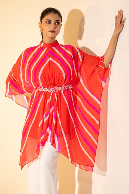 K-Anshika_Orange Georgette Embroidery Mandarin Collar Leheriya Pattern Top And Pant Set _Online_at_Aza_Fashions