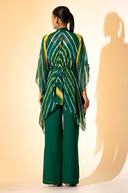 Shop K-Anshika Multi Color Georgette Crystals High Neck Leheriya Pattern Top And Pant Set at Aza Fashions Shop_K-Anshika_Multi Color Georgette Crystals High Neck Leheriya Pattern Top And Pant Set _at_Aza_Fashions