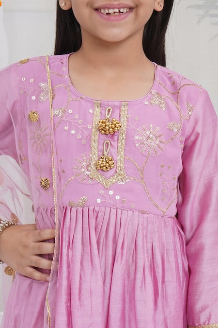 Little Bansi_Pink Chanderi Silk Embroidery, Sequins, Gota Patti, Zari Kurta Sharara Set _Online_at_Aza_Fashions