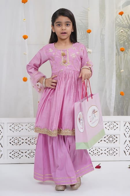 Shop_Little Bansi_Pink Chanderi Silk Embroidery, Sequins, Gota Patti, Zari Kurta Sharara Set _Online_at_Aza_Fashions