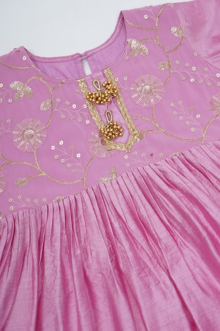 Buy_Little Bansi_Pink Chanderi Silk Embroidery, Sequins, Gota Patti, Zari Kurta Sharara Set 