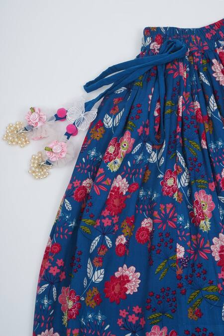 Little Bansi_Blue Cotton Pom-poms, Sequins, Lace Floral Pattern Lehenga Set _Online_at_Aza_Fashions