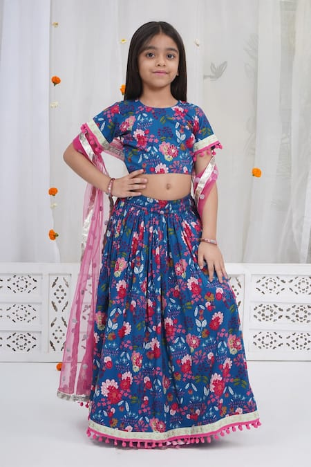 Little Bansi Blue Cotton Pom-poms, Sequins, Lace Floral Pattern Lehenga Set