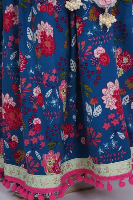Buy_Little Bansi_Blue Cotton Pom-poms, Sequins, Lace Floral Pattern Lehenga Set _Online_at_Aza_Fashions