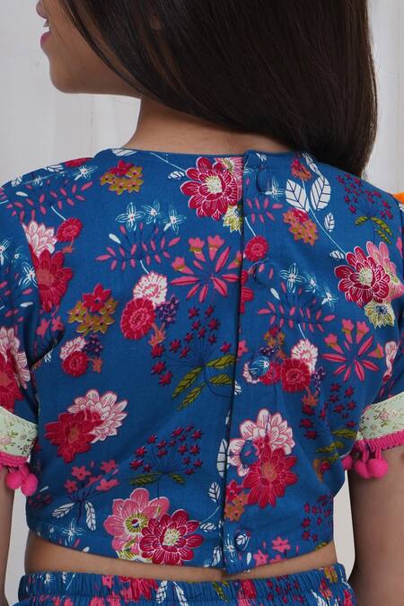 Shop_Little Bansi_Blue Cotton Pom-poms, Sequins, Lace Floral Pattern Lehenga Set _Online_at_Aza_Fashions